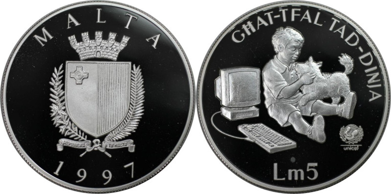 Europäische Münzen und Medaillen, Malta. UNICEF. 5 Liri 1997. 28,28 g. 0.925 Sil...