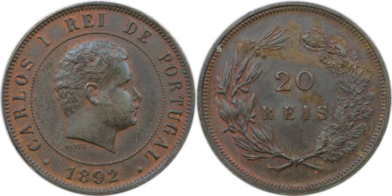 Europäische Münzen und Medaillen, Portugal. Carlos I. 20 Reis 1892. Bronze. KM 5...