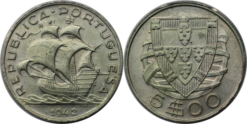 Europäische Münzen und Medaillen, Portugal. 5 Escudos 1942. 6,70 g. 0.650 Silber...