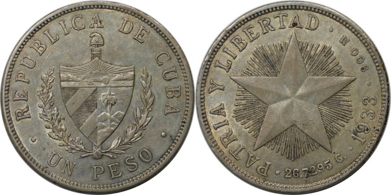 Weltmünzen und Medaillen, Kuba / Cuba. 1 Peso 1933. Silber. KM 15.2. Vorzüglich...