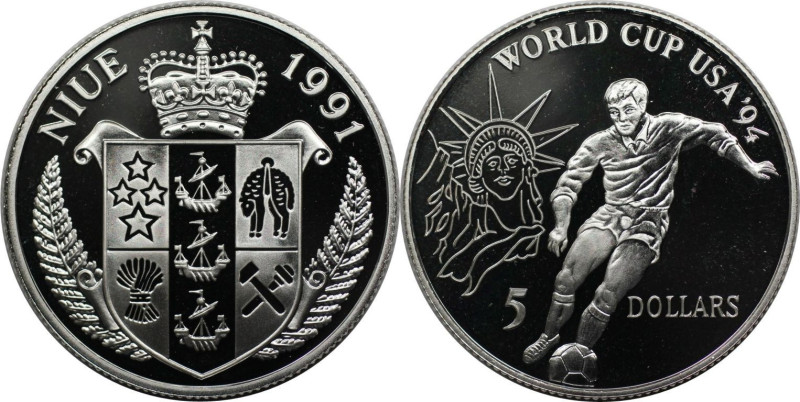 Weltmünzen und Medaillen, Niue. "Fußball WM USA 1994". 5 Dollars 1991. 9,93 g. 0...