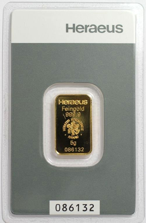 Medaillen und Jetons, Goldbarren / Gold bar. 5 g. Feingold 9999 Heraeus Hanau. I...