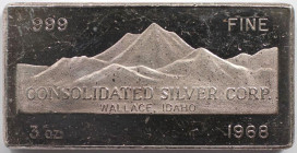 Medaillen und Jetons, Silberbarren / Silver Bar. Consolidated Silver Corp. Wallace, Idaho. 1968. W. H. Foster, Inc. Walla Walla, Wash. 3 OZ .999 Silbe...