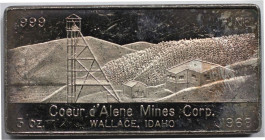 Medaillen und Jetons, Silberbarren / Silver Bar. Coeur d’Alene Mines Corp. Wallace, Idaho. 1968. W. H. Foster, Inc. Walla Walla, Wash. 3 OZ .999 Silbe...