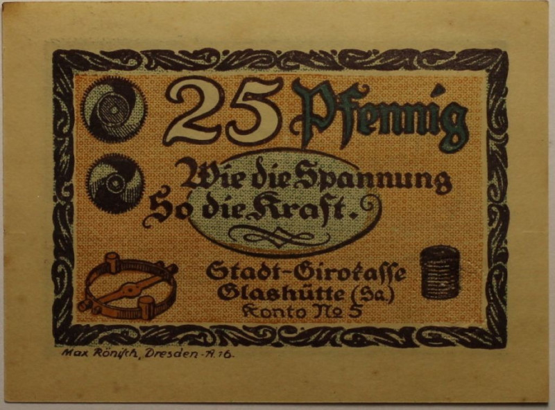 Banknoten, Deutschland / Germany. Notgeld Glashütte, Sachsen. 25 Pfennig 1921. G...