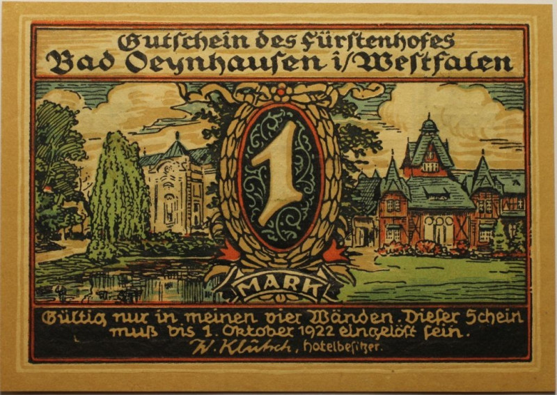 Banknoten, Deutschland / Germany. Notgeld Westfalen Oeynhausen Bad. 1 Mark 1922....