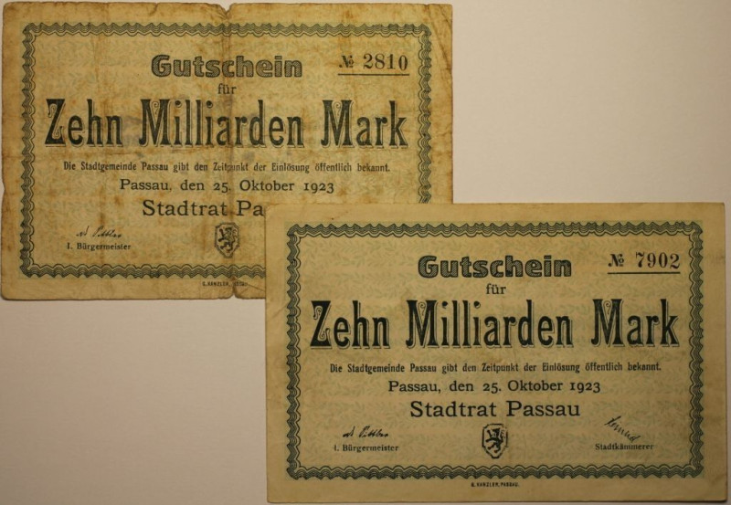 Banknoten, Deutschland / Germany. Notgeld Passau, Inflation. 2 x 10 Milliarden M...