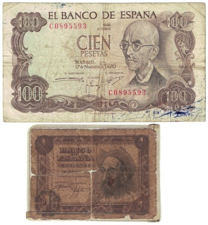 Banknoten, Spanien / Spain, Lots und Sammlungen. 1 Peseta 1951 (P.141), 100 Pese...