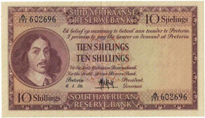 Banknoten, Südafrika / South Africa. 10 Shillings 1959. Erste Zeilen mit Banknam...