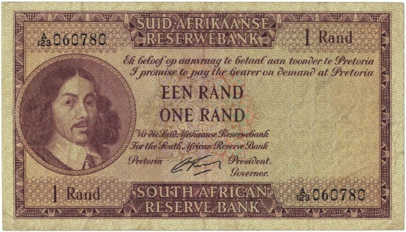 Banknoten, Südafrika / South Africa. 1 Rand ND (1962-1965). Erste Zeilen mit Ban...