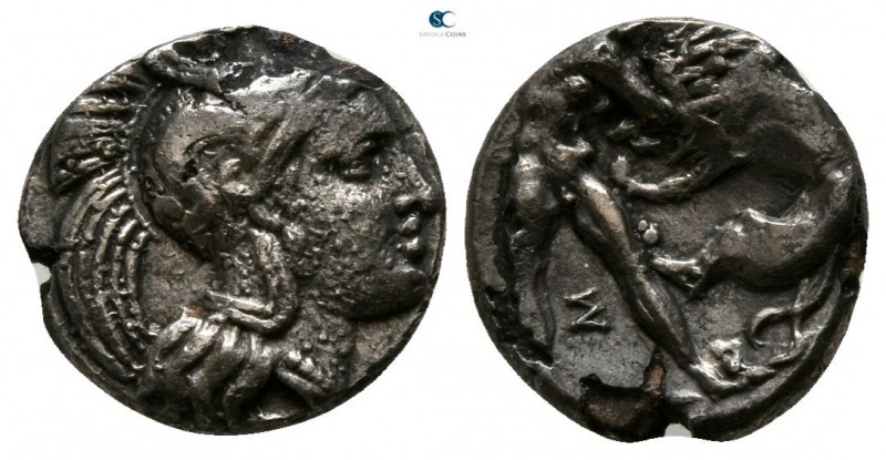 Calabria. Tarentum 380-334 BC. 
Diobol AR

9mm., 0,92g.

Head of Athena rig...