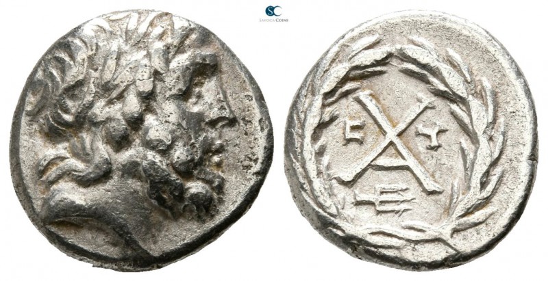 Achaia. Achaian League. Patrae 195-188 BC. 
Triobol AR

12mm., 2,43g.

Laur...