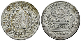 Germany. Friedrich II (1740-1786). 20 kreuzer. 1763. Bayreuth. CLR. (Km-236). (Drescher-98). Ag. 6,86 g. Almost XF. Est...80,00. 

Spanish descripti...
