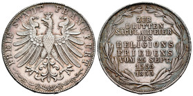 Germany. 2 gulden. 1855. Frankfurt. (Km-353). (Dav-947). Ag. 21,08 g. Beautiful tone. Original luster. AU. Est...200,00. 

Spanish description: Alem...