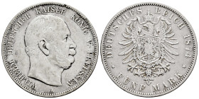 Germany. Prussia. Wilhelm (1830-1884). 5 mark. 1874. Berlin. A. (Km-503). Ag. 27,39 g. Minor nicks on edge. Almost VF/VF. Est...35,00. 

Spanish des...