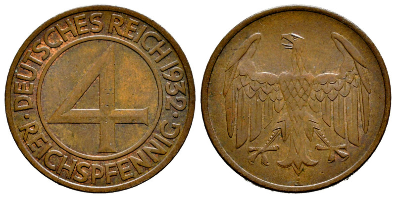 Germany. Weimar Republic. 4 pfennig. 1932. A. (Km-75). Ae. 4,90 g. XF. Est...20,...