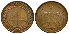 Germany. Weimar Republic. 4 pfennig. 1932. A. (Km-75). Ae. 4,90 g. XF. Est...20,00. 

Spanish description: Alemania. República de Weimar. 4 pfennig....