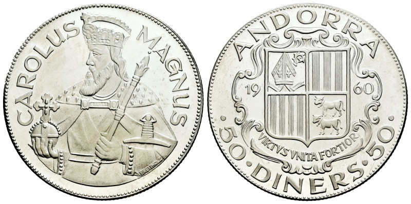 Andorra. 50 diners. 1960. (Km-UWC M1). Ag. 28,06 g. Charlemagne. Mintage of 3100...