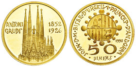 Andorra. 50 diners. 1990. (Km-62). Au. 17,05 g. Joan Martí i Alanis; Antoni Gaudi; In a box and with official certificate. Mintage 3.000. PROOF. Est.....