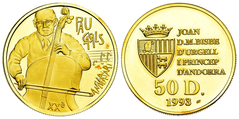 Andorra. 50 diners. 1990. (Km-82). (Fried-17). Au. 16,96 g. Pau Casals; In a box...