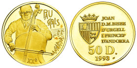 Andorra. 50 diners. 1990. (Km-82). (Fried-17). Au. 16,96 g. Pau Casals; In a box and with official certificate. Mintage 5.000. PROOF. Est...800,00. 
...