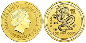 Australia. Elizabeth II. 100 dollars. 2000. (Km-528). Au. 31,15 g. (.999). Lunar Series, Year of the Dragon. In a box and without official certificate...
