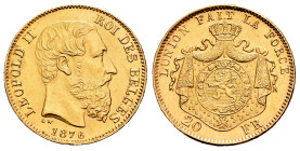 Belgium. Leopold II. 20 francs. 1876. (Km-37). Au. 6,49 g. XF. Est...320,00. 

Spanish description: Bélgica. Leopold II. 20 francs. 1876. (Km-37). A...