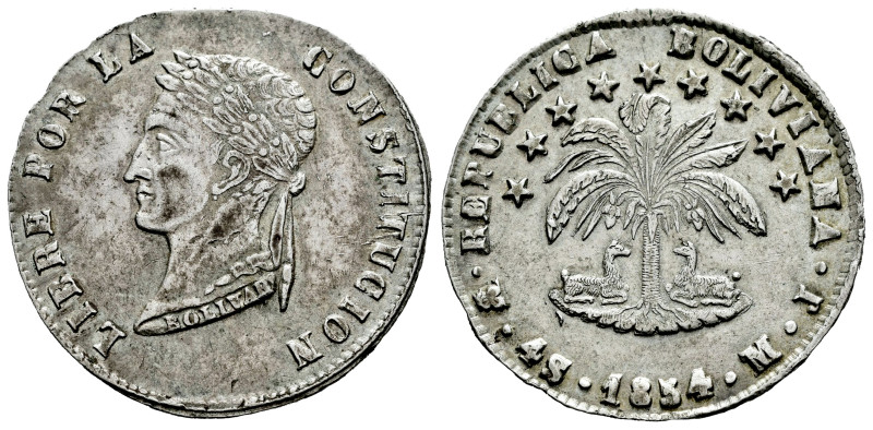 Bolivia. 4 soles. 1854. Potosí. MJ. (Km-123.2). Ag. 13,43 g. Choice VF. Est...35...