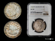 Bolivia. 4 soles. 1856. Potosí. MJ. (Km-123.2). Ag. 12,88 g. With some original luster remaining. Beautiful patina. Slabbed by NGC as AU 58. NGC-AU. E...