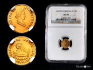 Bolivia. 1/2 escudo. 1855. Potosí. MJ/FJ. (Km-113). Au. Rectified assayers marks. Slabbed by NGC as AU 58, only 5 finer specimens known in the NGC cen...