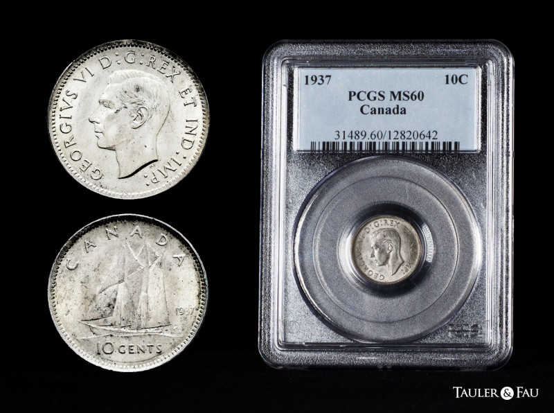Canada. George VI. 10 cents. 1937. (Km-34). Ag. Slabbed by PCGS as MS 60. PCGS-M...