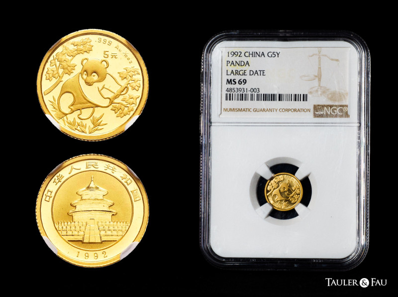 China. 5 yuan. 1992. Panda. (Fr-B8). (Km-391). Au. Encapsulated by NGC as MS 69....