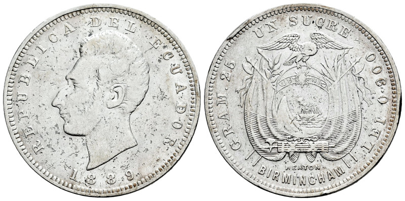 Ecuador. 1 sucre. 1889. (Km-53.1). Ag. 24,65 g. Nicks on edge. VF. Est...30,00. ...