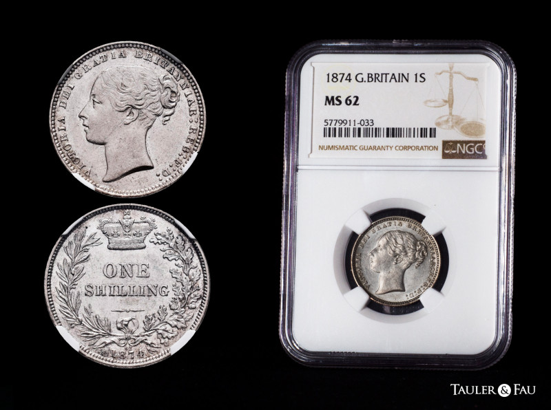 Great Britain. Victoria Queen. 1 shilling. 1874. (Km-734.2). Ag. Slabbed by NGC ...