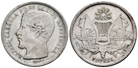 Guatemala. 1 peso. 1865. R. (Km-182). Ag. 24,42 g. Large R. Slightly cleaned. Almost VF/VF. Est...35,00. 

Spanish description: Guatemala. 1 peso. 1...
