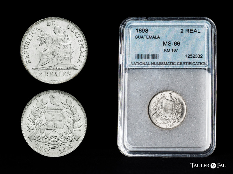 Guatemala. 2 reales. 1898. (Km-167). Ag. Slabbed by NNC as MS64. Magnificent exa...