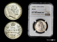 British India. Edward VII. 1 rupee. 1908. Calcutta. (Km-508). Ag. 11,62 g. With some original luster remaining. Slabbed by NGC as MS 62. NGC-MS. Est.....