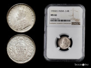 British India. George V. 1/4 rupee. 1930. Calcutta. (Km-518). Ag. 2,92 g. Original luster. Slabbed by NGC as MS 66. "Top Pop". NGC-MS. Est...60,00. 
...