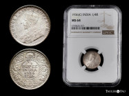 British India. George V. 1/4 rupee. 1936. Calcutta. (Km-518). Ag. 2,91 g. It retains some minor luster. Delicate patina. Slabbed by NGC as MS 64. NGC-...