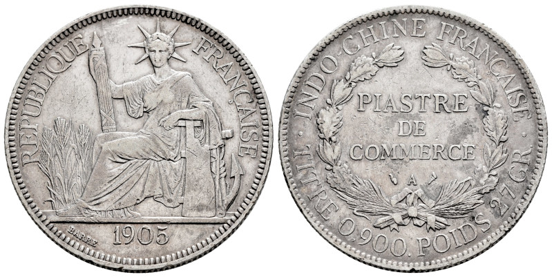 Indochina. 1 piastra. 1905. Paris. A. (Km-5a.1). Ag. 26,80 g. Cleaned. VF. Est.....