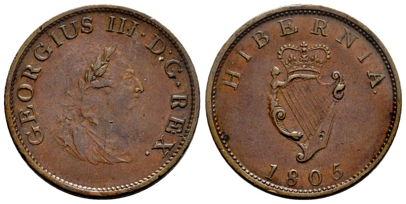 Ireland. George III. 1/2 penny. 1805. (Km-147.1). Ae. 8,67 g. Choice VF. Est...3...