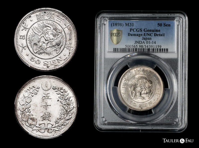 Japan. Mutsuhito (Meiji). 50 sen. 1898 (AÑO 31). (Km-Y25). Ag. Slabbed by PGCS a...