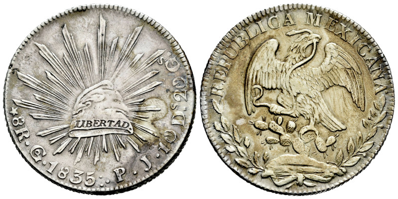 Mexico. 8 reales. 1835. Guanajuato. PJ. (Km-377.8). Ag. 26,99 g. Irregular patin...