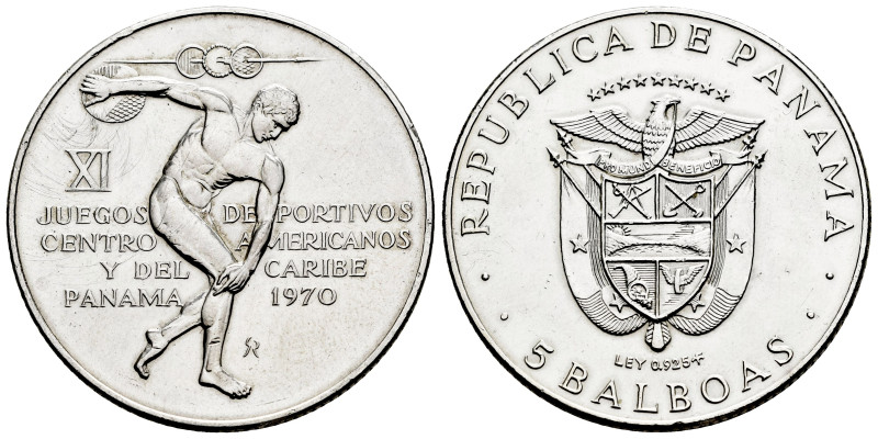Panama. 5 balboas. 1970. (Km-28). Ag. 36,26 g. 11th Central American and Caribbe...