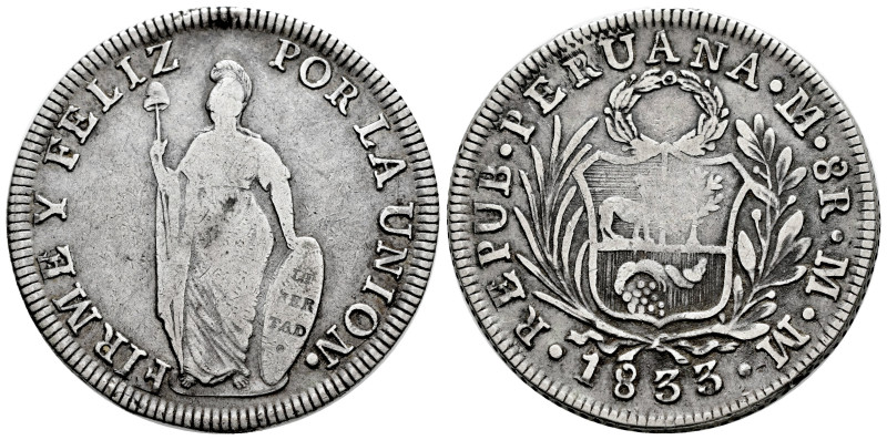 Peru. 8 reales. 1833. Lima. MM. (Km-142.3). Ag. 26,79 g. Toned. Choice F/Almost ...