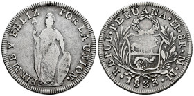 Peru. 8 reales. 1833. Lima. MM. (Km-142.3). Ag. 26,79 g. Toned. Choice F/Almost VF. Est...50,00. 

Spanish description: Perú. 8 reales. 1833. Lima. ...