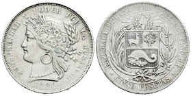 Peru. 5 pesetas. 1880. Lima. B. (Km-201.1). Ag. 24,76 g. Choice VF/VF. Est...120,00. 

Spanish description: Perú. 5 pesetas. 1880. Lima. B. (Km-201....