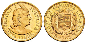 Peru. 1 libra. 1965. (Km-207). (Fried-73). Au. 7,99 g. Original luster. Mint state. Est...360,00. 

Spanish description: Perú. 1 libra. 1965. (Km-20...