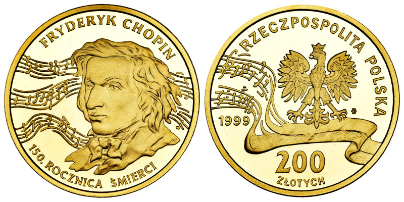 Poland. 200 zlotych. 1999. Au. 15,56 g. Fryderyk Chopin. In a box and without of...