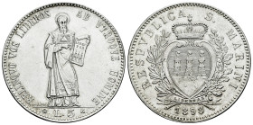 San Marino. 5 lire. 1898. Rome. R. (Km-6). (Pagani-351). (Mont-1). Ag. 24,70 g. lightly rubbed. Some original luster remaining. XF/AU. Est...250,00. ...